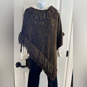 Deep woodsy, green handwoven chenille poncho with specs of gold and brown